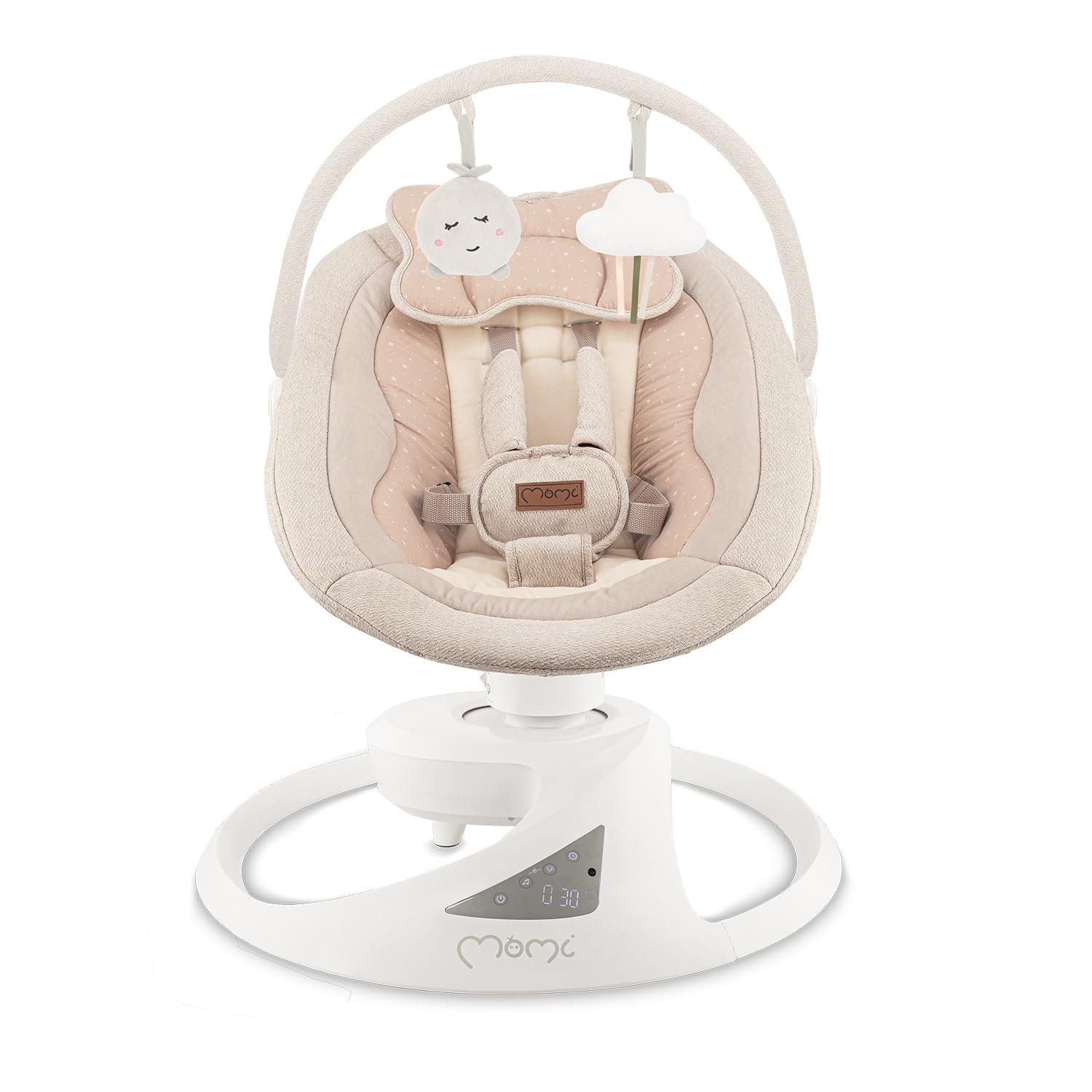 Balancelle MoMi Pearl 9 kg, siège 360°, LED, Bluetooth, télécommande, piles ou secteur, câble USB, harnais 5 points, arche avec jouets
