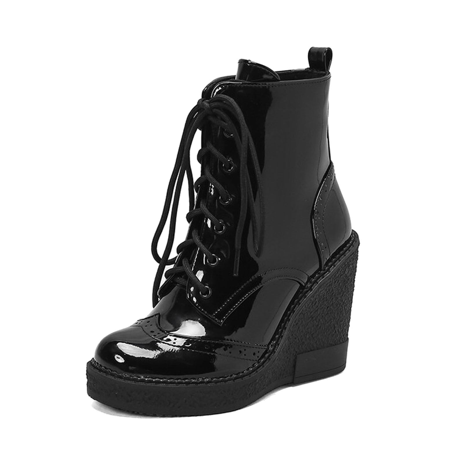 Stivaletti Con Zeppa Stivali Stringati Con Plateau Da Donna Stivaletti Biker In Vernice PU Tacchi Alti 11 Cm Scarpe Calde Alla Caviglia For Autunno E Inverno
