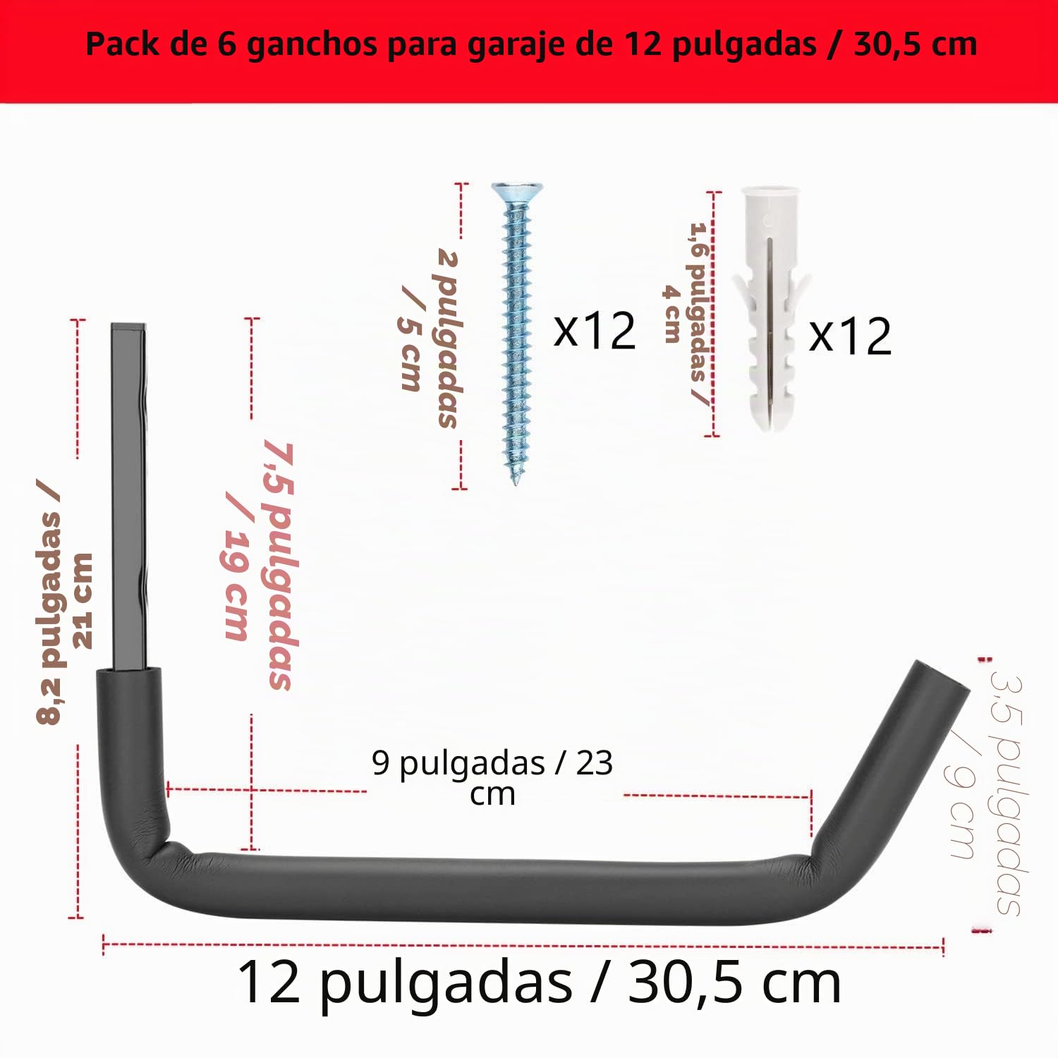 Ganchos para escaleras de garaje con brazo jumbo de 12 pulgadas, paquete de 8 perchas resistentes para montar en la pared, organizador para bicicletas, sillas plegables