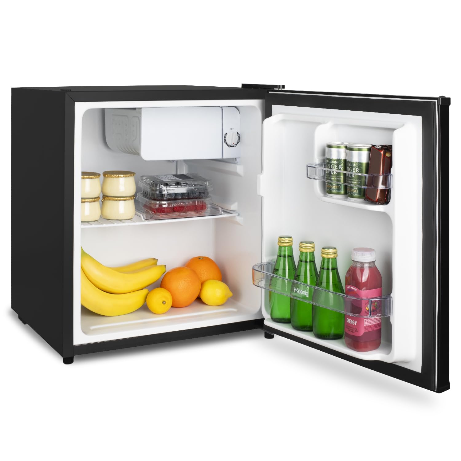 H.Koenig Mini réfrigérateur Frigo FGX470 Noir, 45L Compact, Silencieux, Porte Réversible, Thermostat Réglable, Compartiment Glaçons 4L, Pieds Réglables, 39 dB
