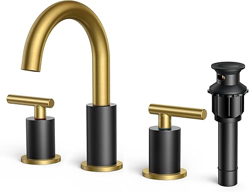 FORIOUS Grifo de baño negro y dorado, grifo de 3 agujeros para fregadero de baño, grifo de baño generalizado de 8 pulgadas con montaje de drenaje de