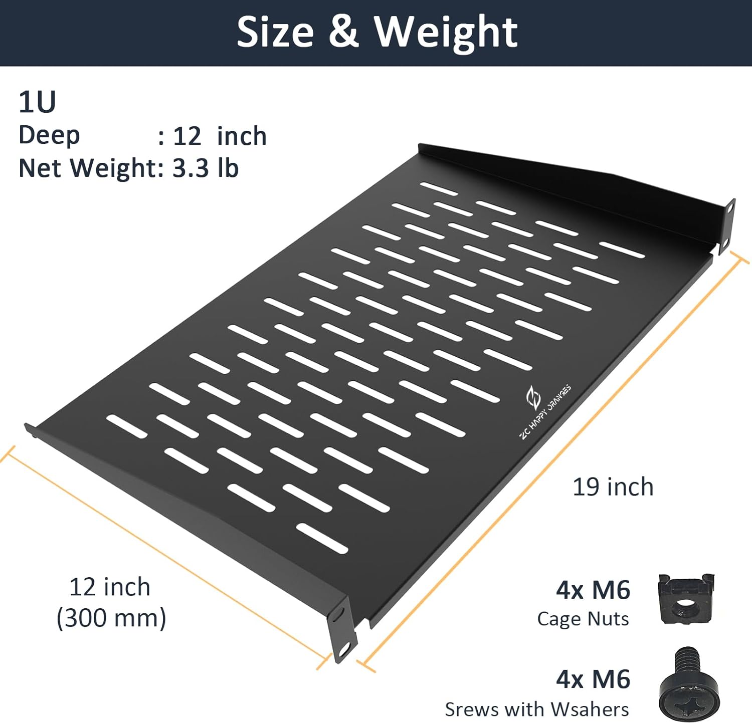 1U Server Rack Shelf 19-Inch Universal Vented Rack Mount Cantilever Server Cabinet Shelf Duty Steel - Weight Capacity 50lb/23kg 12" Deep,Black (1U 12 inch Deep)