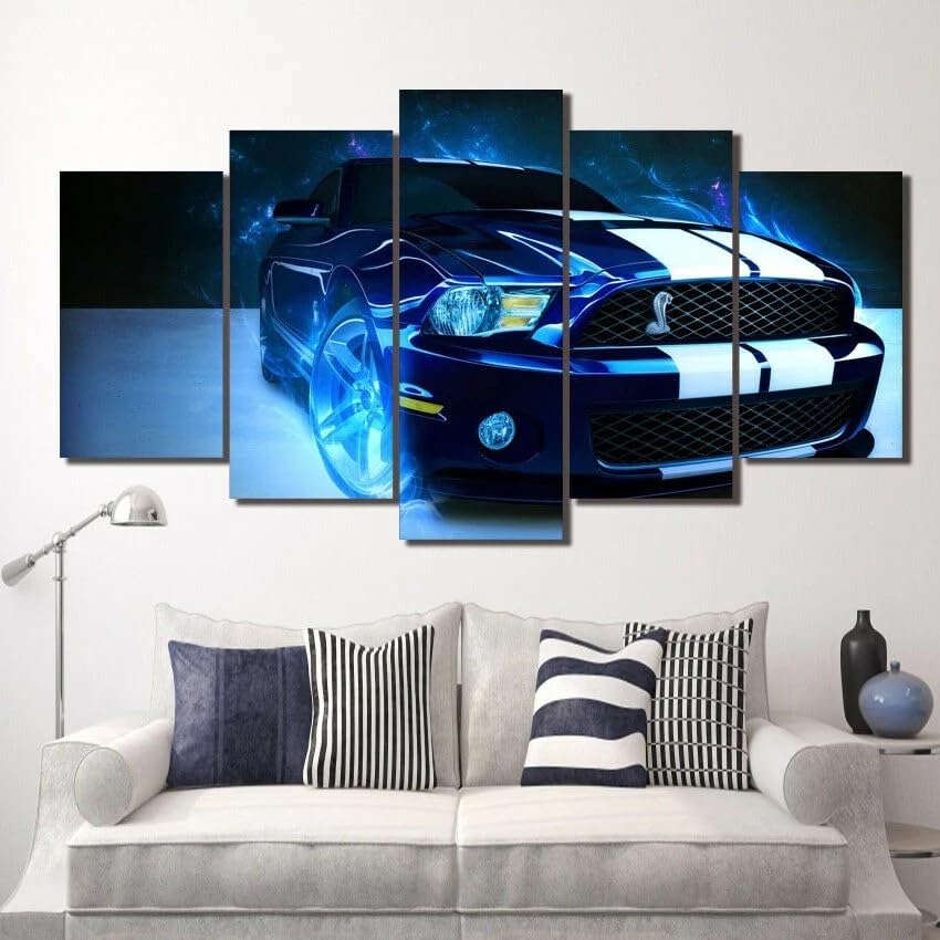 Impression sur Toile 5 Parties Mustang Shelby Bleue pour Tableau Déco Salon