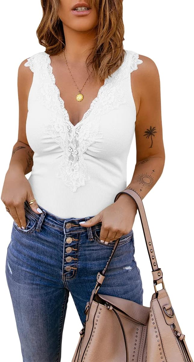 Womens Lace Patchwork Sexy Deep V Neck Knitted Vests Summer Camis Tank Tops - Image 2