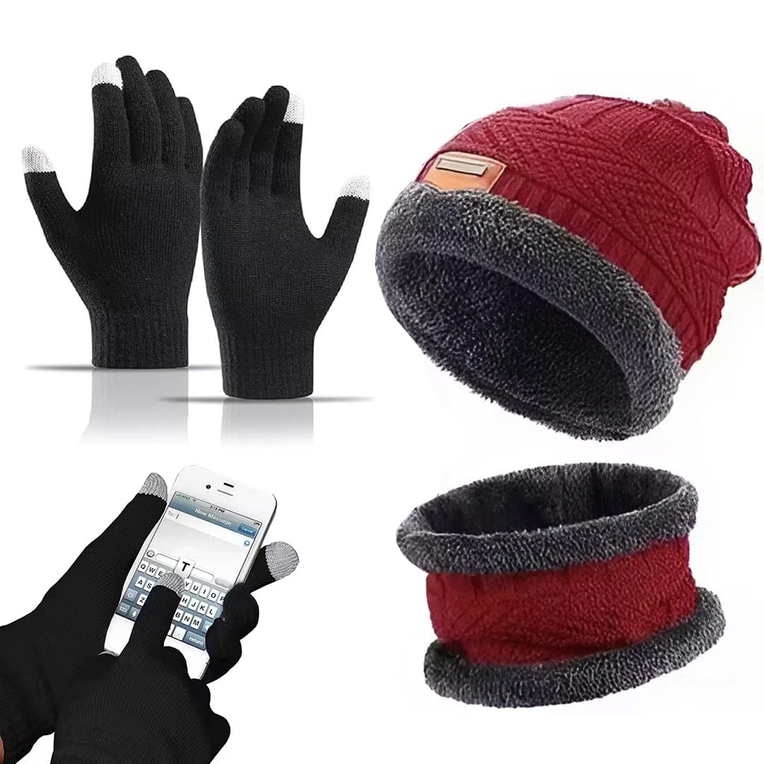 Beanie Cap Neck Warmer Gloves Combo Set for Men Women | Winter Warm Fleece Combo | Woolen Cap Muffler Touchscreen Gloves Set (Mehroon) Pack-3-image-3
