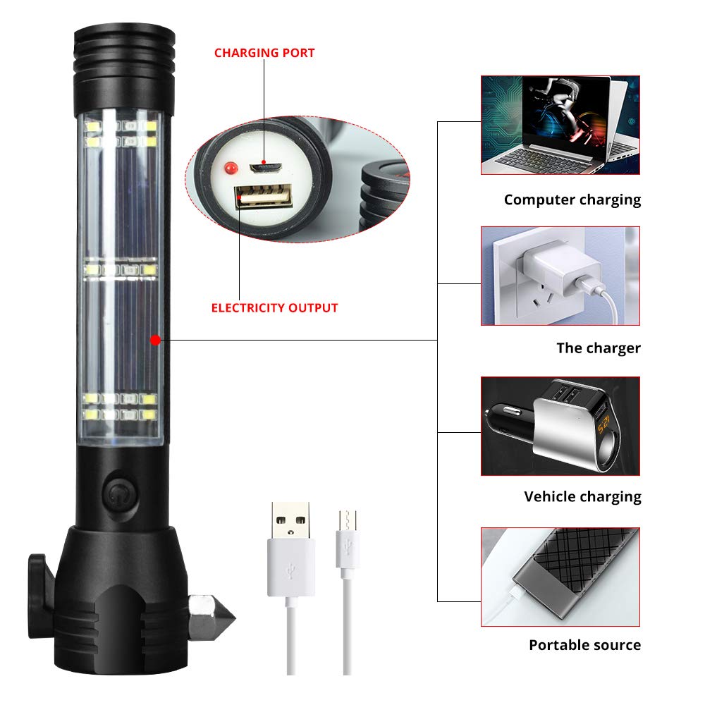 Lampe de Poche Solaire Lampe de Poche de Voiture 268 Lumens LED COB Light USB Rechargeable Tactique Multi-Fonction Torche Outil d'urgence avec Brise-vitre Coupe-Ceinture Boussole (1pcs)
