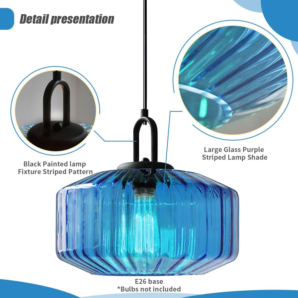 Large Modern Pendant Light Fixtures Dining Room Vintage Glass Ceiling Pendant Lighting Kitchen Sink Blue Hand Blown Glass Shade Black Finish Adjustable Cord Hanging Pendant Light