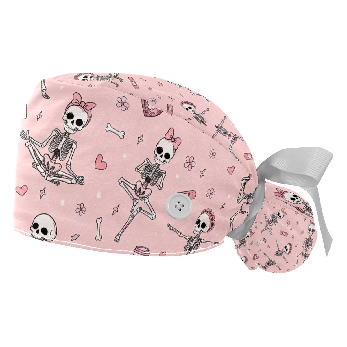 2 PCS Bouffant Cap with Button Ponytail Pouch Working Cap Sweatband Adjustable Surgical Cap Black and White Cow