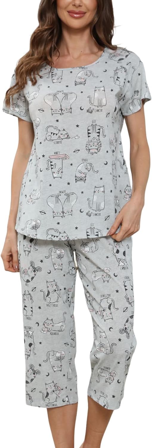 Inadays Womens Cotton Pajama Sets Short Sleeve Top With Capri Pants 2 piece sets for Women Summer Pajamas Lounge Set - Image 5