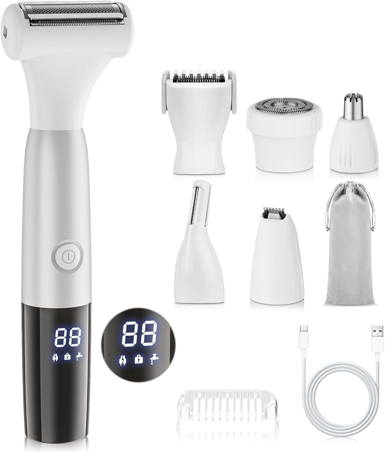 6 in 1 Bikini Trimmer and Shaver Kit for Women, Wet/Dry Electric Body Hair Trimmer Facial Hair Removal Cordless Waterproof Bikini Shaver Razor for Face Nose Eyebrow Arm Leg Pubic Armpit Bikini