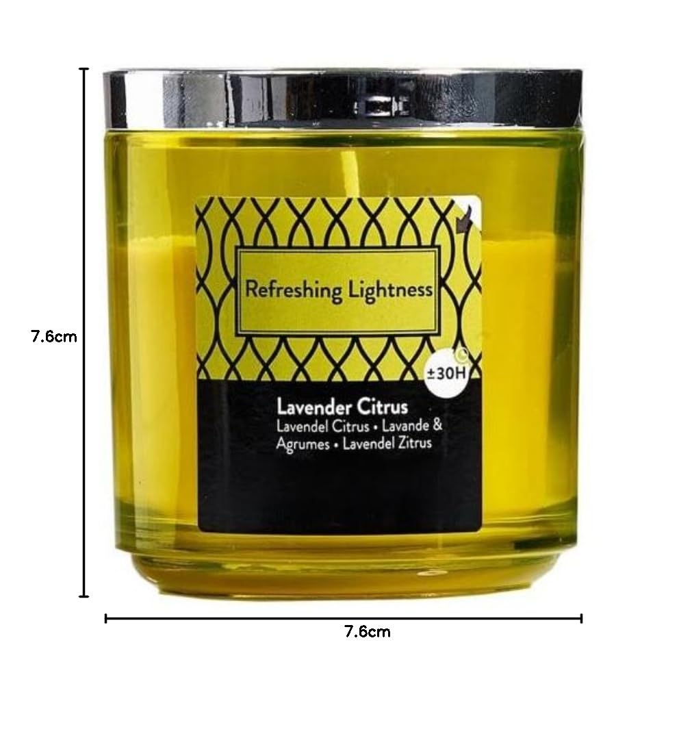 Juego de 4 velas perfumadas en tarro de cristal, velas de Adviento, boda, ambientador, sin hollín, duración de combustión: 30 horas, muchos aromas – 7,6 x 7,6 cm (amarillo – Aroma lavanda y cítricos)