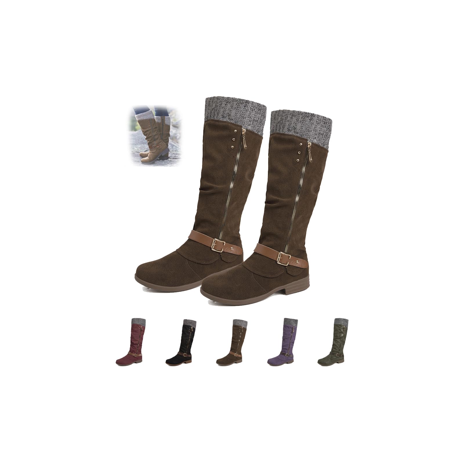 Knee High Boots for Womens Wide Calf Retro Round Toe Western Boot Mid Calf Sweater Knitted Ruched Cuff