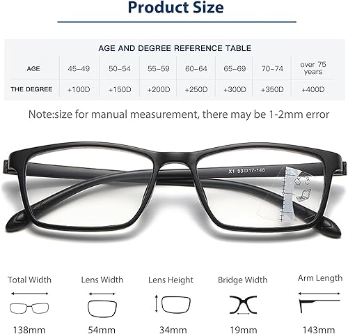 Miniatura 7 de K.LAVER Gafas de lectura multifocales progresivas premium lente fotocrómica TR90 negro rectángulo transparente gafas de sol de transición