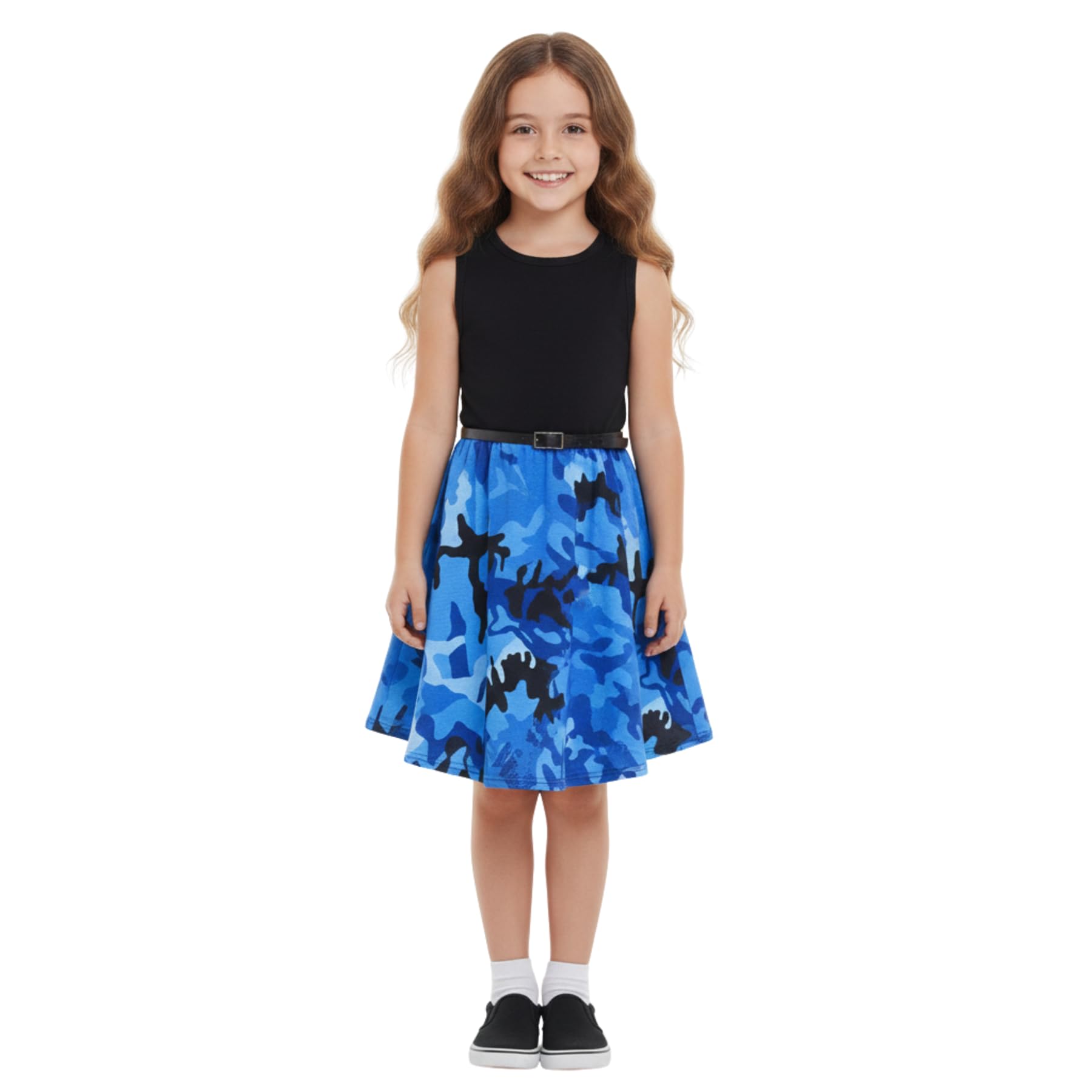 A2z 4 Kids Girls Blue Skater Dress Floral Belted Summer Party Dance - Skater Dress Camo Panel 11-12