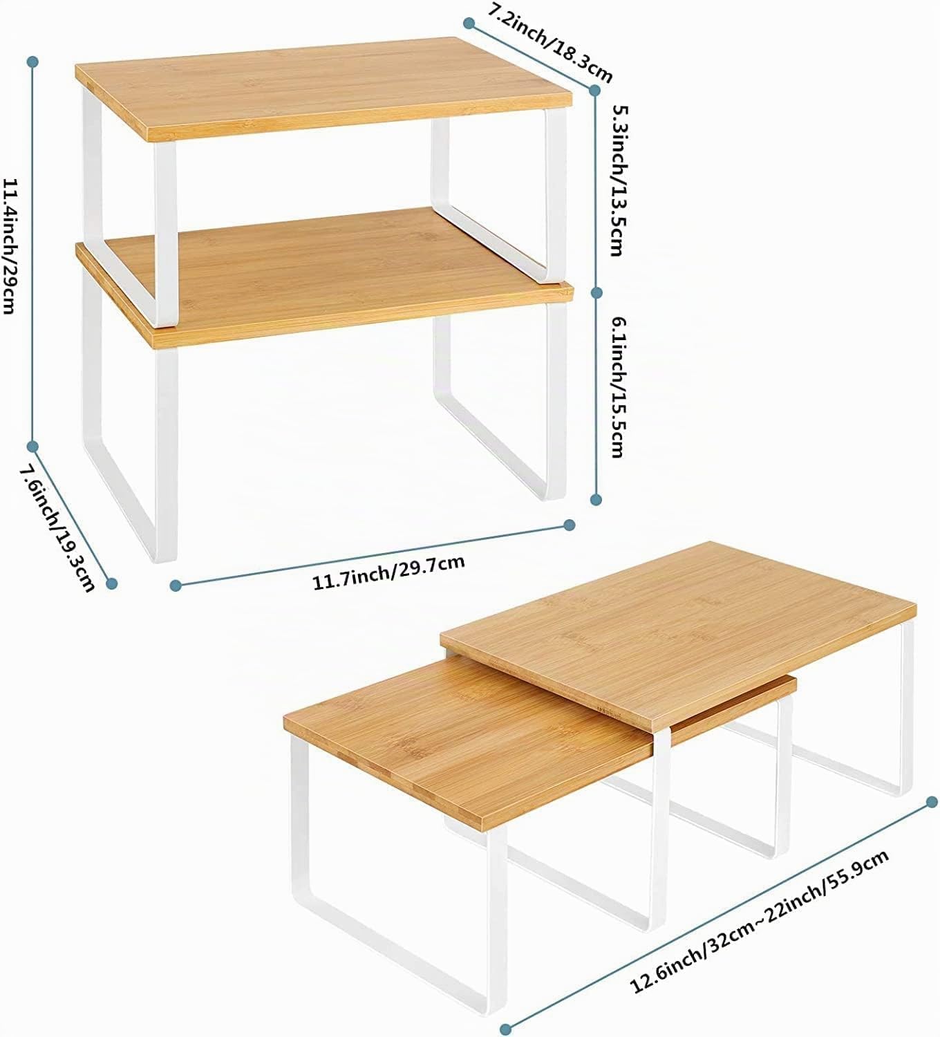 LIANTRAL Organisateur de Placard Lot de 4, Étagères de Cuisine, Étagère à Épices, Extensibles et empilables, étagères de Rangement en Bois pour Placard comptoir, Naturel/Blanc
