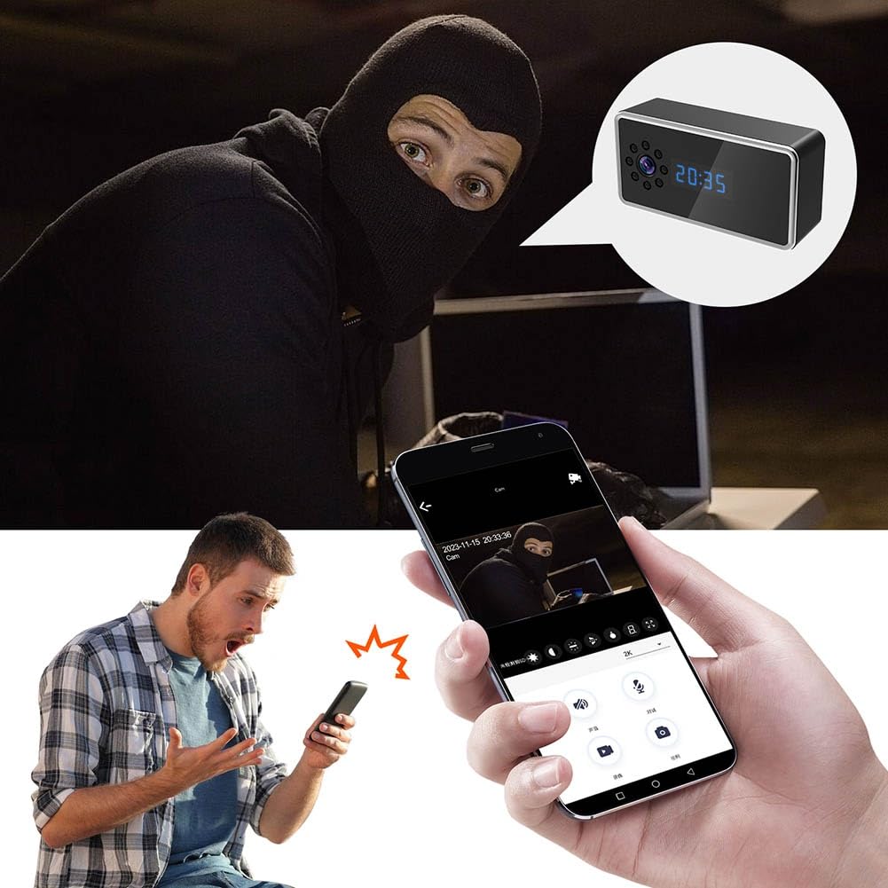 Mini Caméra Horloge WiFi Full HD 4K avec Contrôle sans Fil Vision Nocturne Enregistreur Vidéo DV Caméscope Vision Nocturne Audio Bidirectionnelle Moniteur