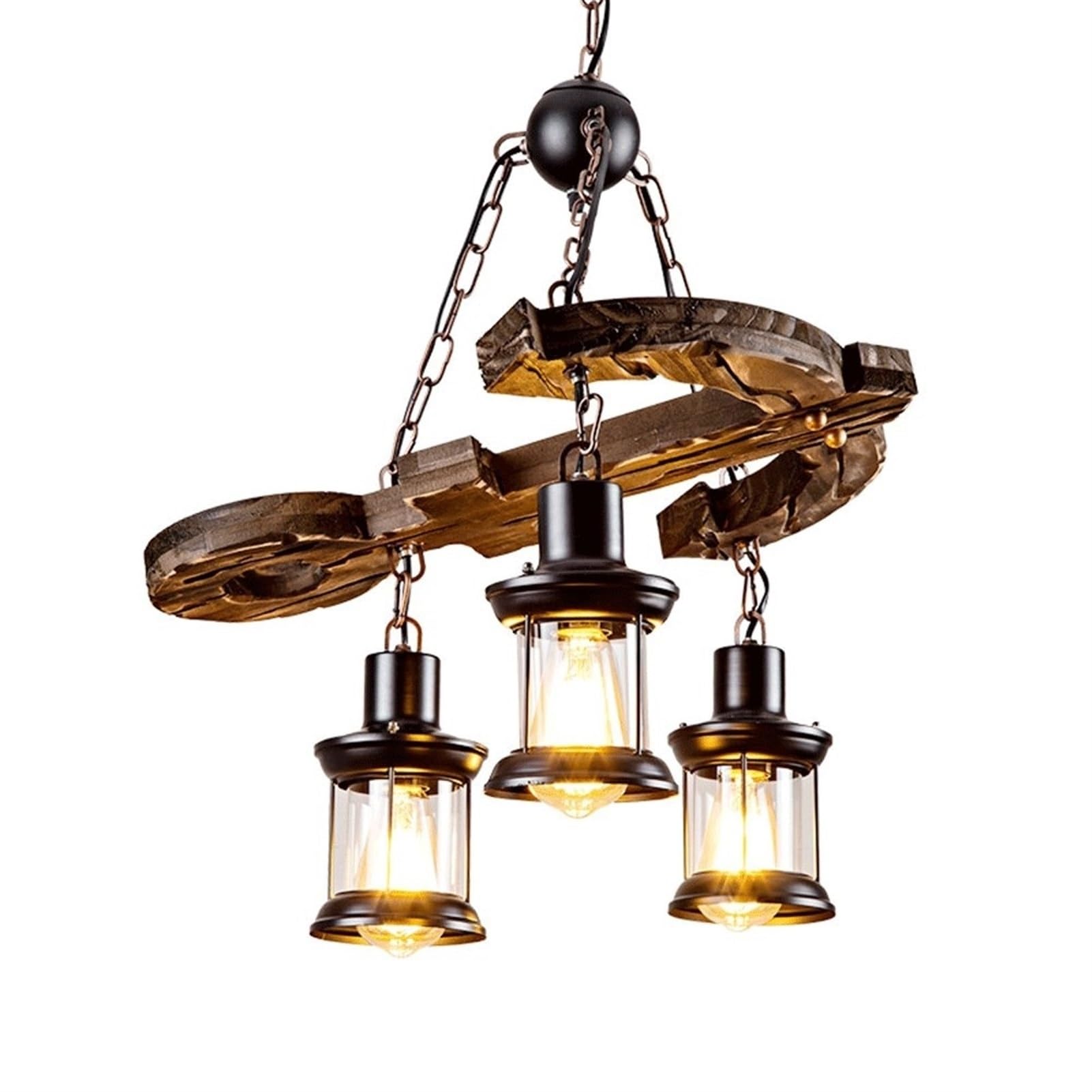 BLOOHK Rustic Wood Chandelier, 3-Light Industrial Hanging Lantern Pendant Light, Farmhouse Wooden Wagon Wheel Ceiling Fixture for Kitchen Island, Dining Room, Bar