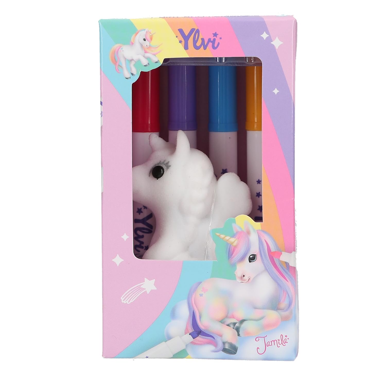 Depesche Ylvi Unicornio Para Colorear – Figura Flocada Reutilizable Con 4 Rotuladores De Fibra, Lavable Y Reutilizable, Medidas 10.7 X 6 X 5.5 Cm, Regalo Creativo Para Niñas