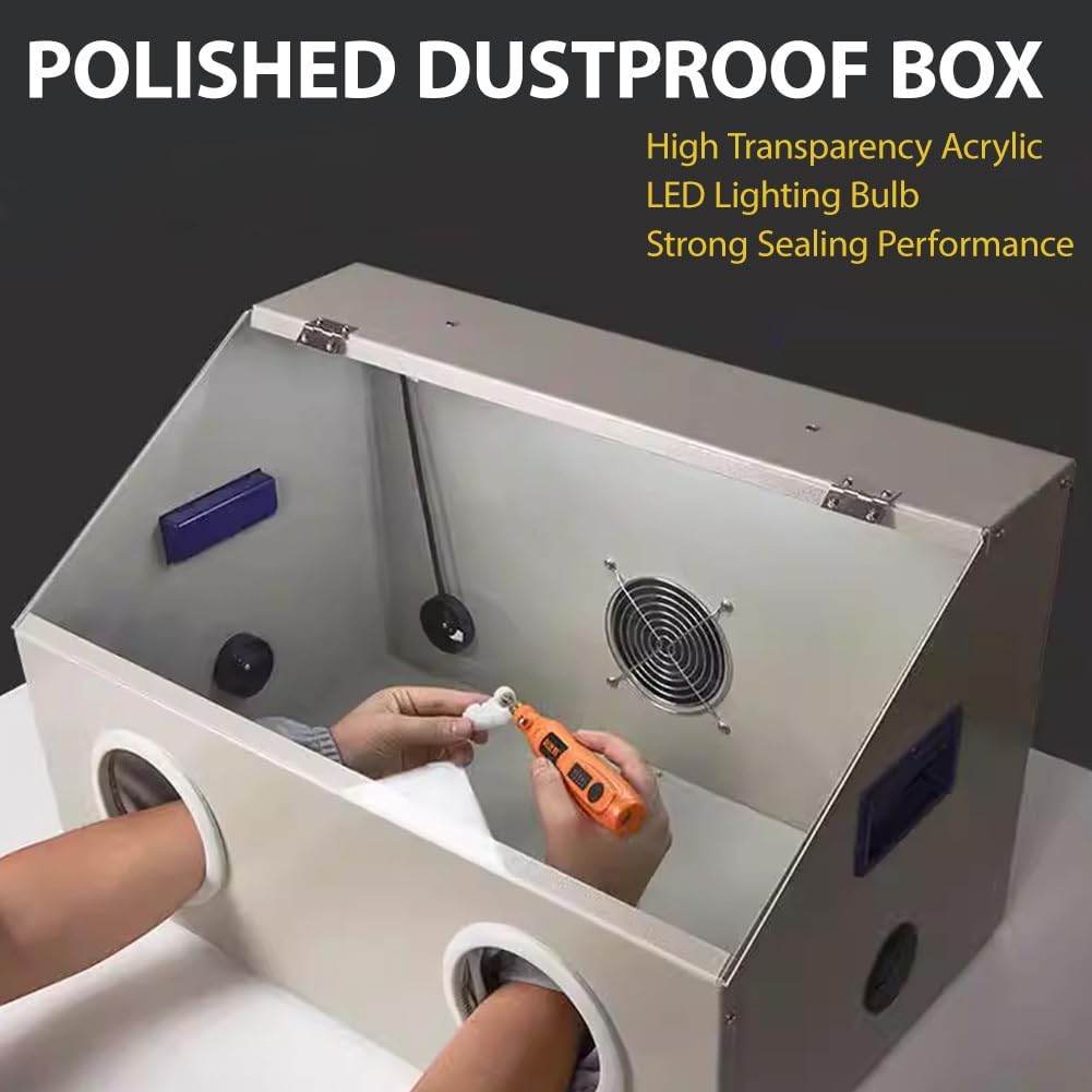 Dual-Hole Benchtop Polishing Workstation with A Transparent Acrylic Cover and LED Light; Convenient Fully Enclosed Desktop Collector Fan; Suitable for Grinding, Polishing, Cutting