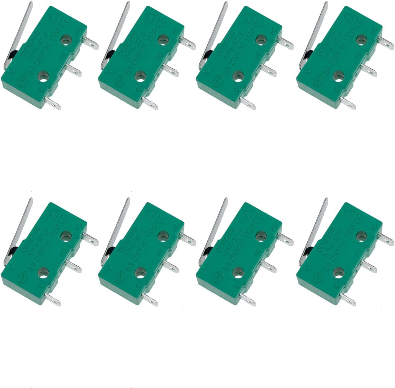 KW4-3Z-3 Micro Limit Switch Short Straight Hinge Lever arm Micro Switch 3 Terminal instantaneous Short Straight Rod Type is Suitable for Machine Numerical Control (Green) -8pcs
