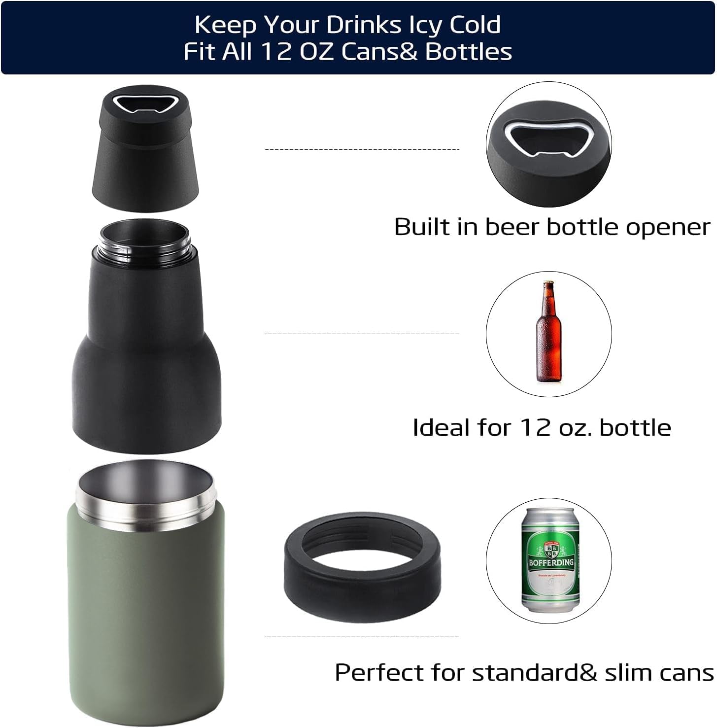 Stepstall Beer Gifts for Men - Beer Bottle & Can Cooler with Opener, 12 oz. Slim Can & Bottle Insulator, Vacuum Insulated Double Walled Stainless Steel (Green) - Image 4