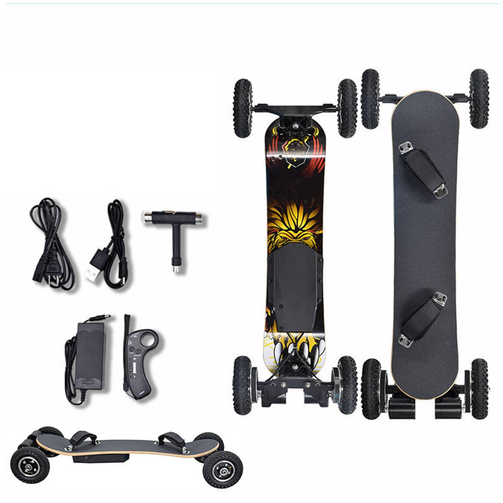 Skateboard électrique avec télécommande LCD, Longboard électrique Tout-Terrain, Double Moteur 1650 W, Vitesse maximale de 43 km/h et autonomie de 29 km Left