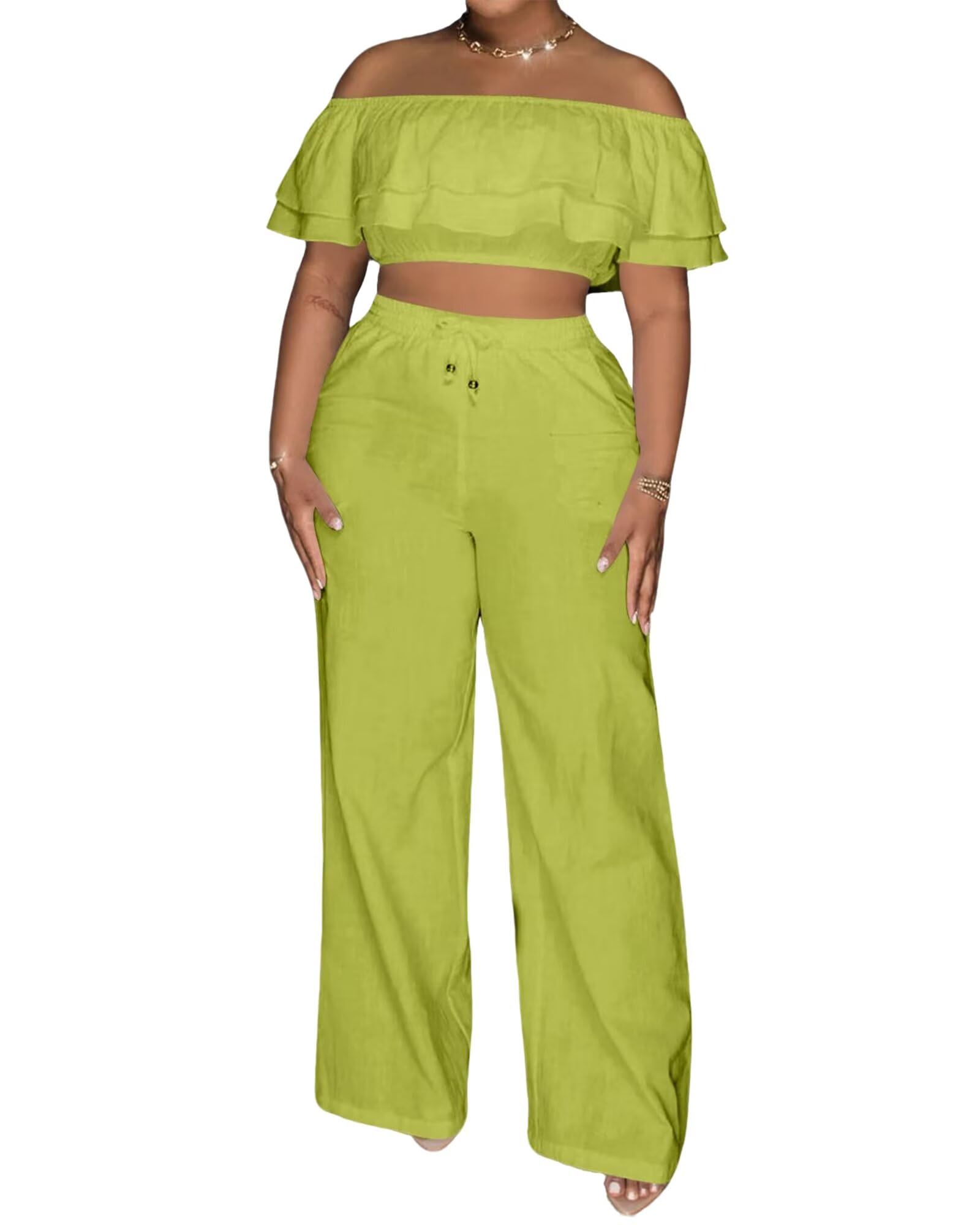 Adogirl 2 Piece Outfits For Women Off Shoulder Ruffle Trim Short Sleeve Top Wide Leg Pants Sets Sexy Outfits