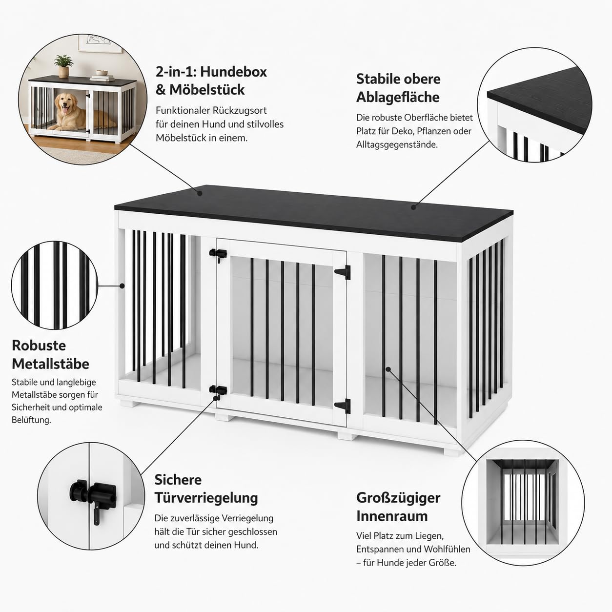 Hundekäfig, Hundekäfig, Möbel, Hundehütte für Zuhause, Hundehaus für drinnen, Hundebox mit Tür Hundekissen, für große mittelgroße kleine Hunde, MDF + Eisen, 136 x 70 x 56 cm, weiß