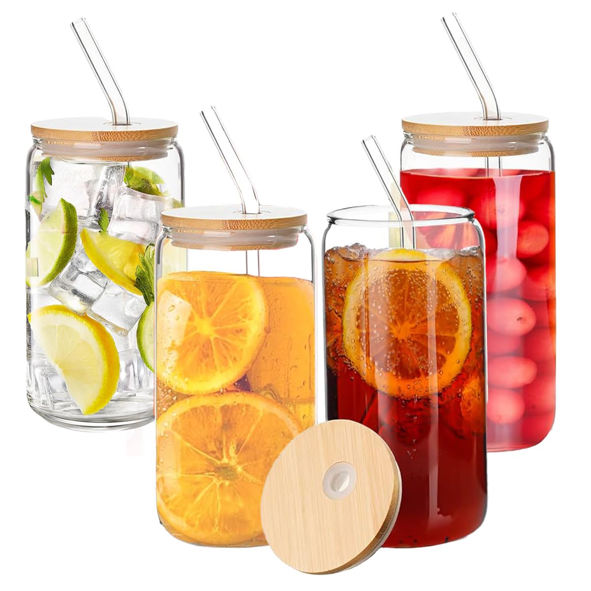 SELECTSHOP Set De 4 Vaso Tipo Lata De Vidrio Con Tapas Popotes De Vidrio Y Cepillo De Limpieza Vasos para Cerveza Taza de Café Helado Vasos de Cóctel Adecuados para Agua Jugo Soda Té Regalo (Set De 4)
