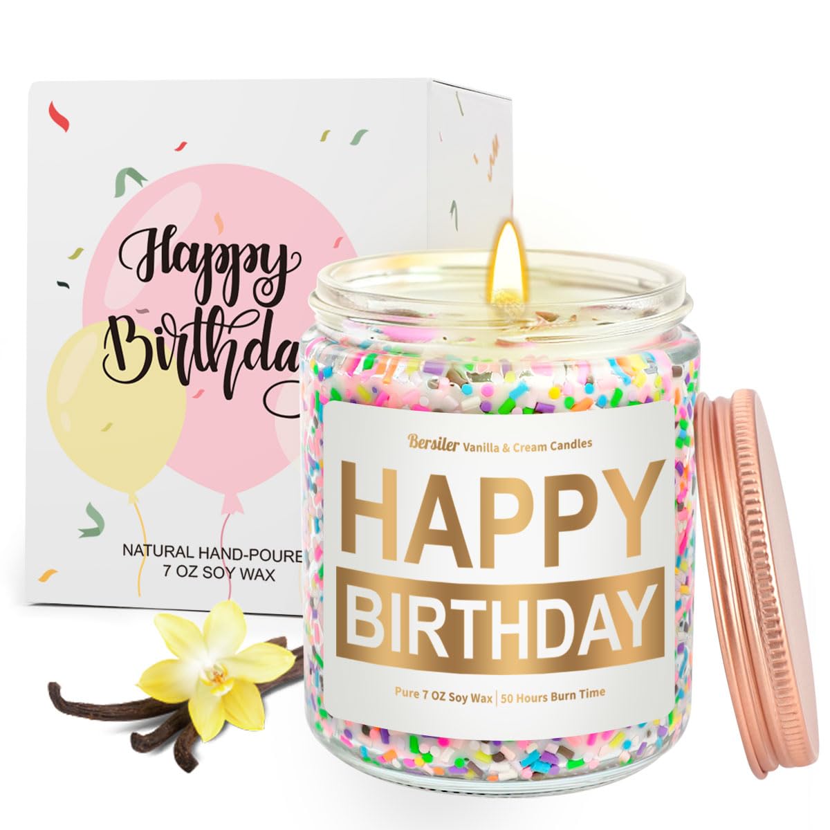 Bersiler Happy Birthday Candle Gifts for Women, Vanilla Cream Birthday Candle, Unique Birthday Gifts for Her Best Friend Women, 7oz Soy Wax Scented Candle