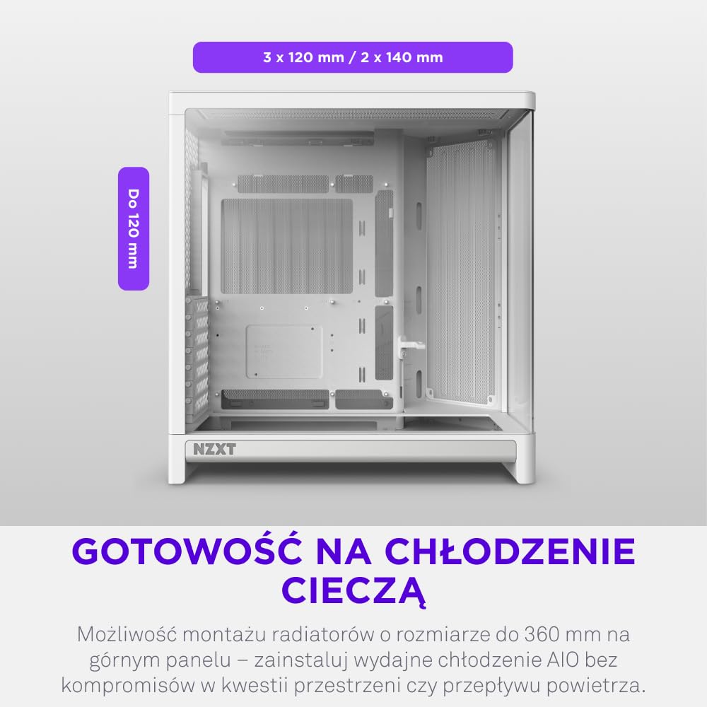 NZXT H6 - Kompaktowa Obudowa PC ATX Dwukomorowa - Biały | Dwukomorowa obudowa ATX na 10 wentylatorów 120mm i chłodnice 360mm, zgodna z płytami głównymi back-connect.