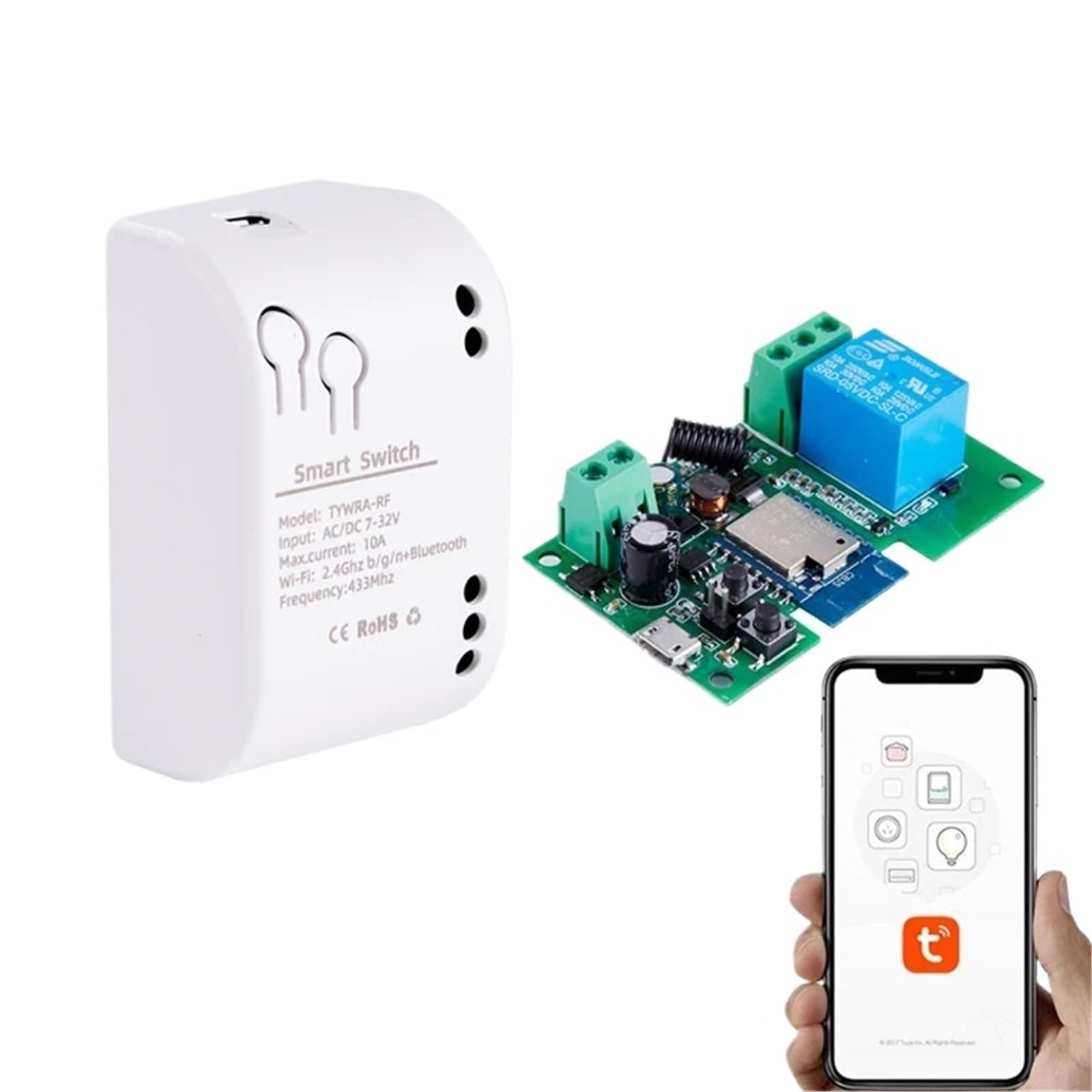 Interruttore intelligente Wi-Fi 1 canale 7-32 V Mini controller luci Wi-Fi Ricevitore RF 433 Apriporta for garage 10 A Smart Life App Tuya Relè a 1 canale