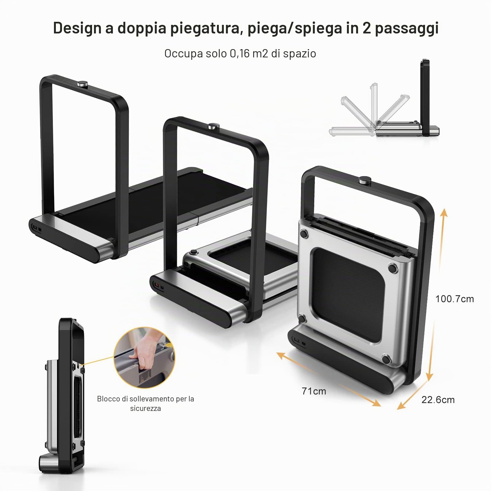 WalkingPad X21 Tapis Roulant Elettrico Pieghevole, Doppio Pieghevole, 12 km/h, Display LED Multifunzione, Salvaspazio, Nessun Montaggio Richiesto, Ruote
