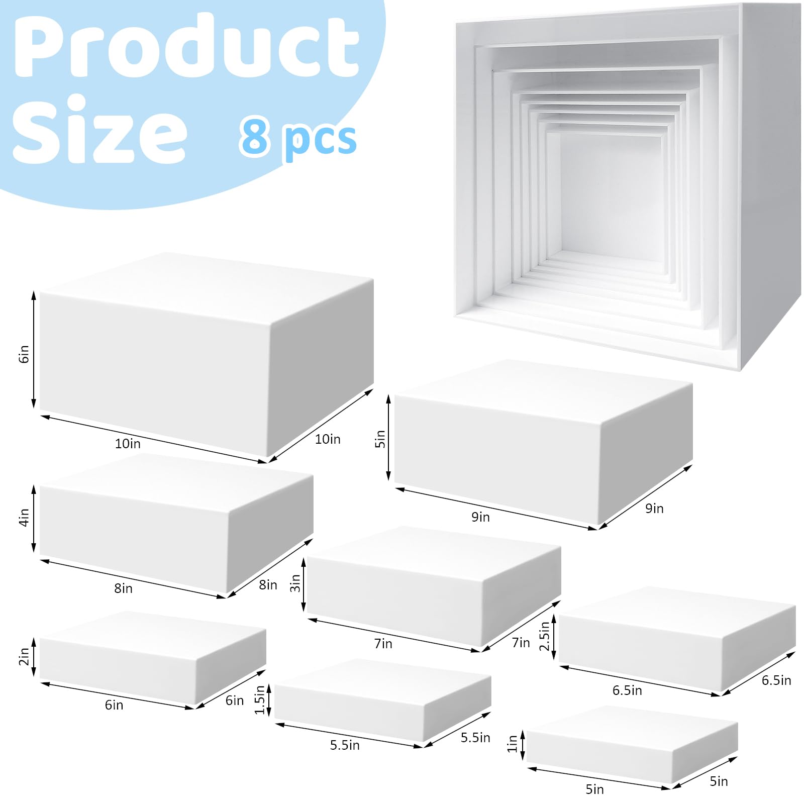 8PCS Buffet Risers, Food Risers for Buffet Table, Display Stand for Catering Dessert, White Acrylic Cube Boxes Nesting Risers for Cupcake Candy Food, Parties, Brunch (10'',9'',8'',7