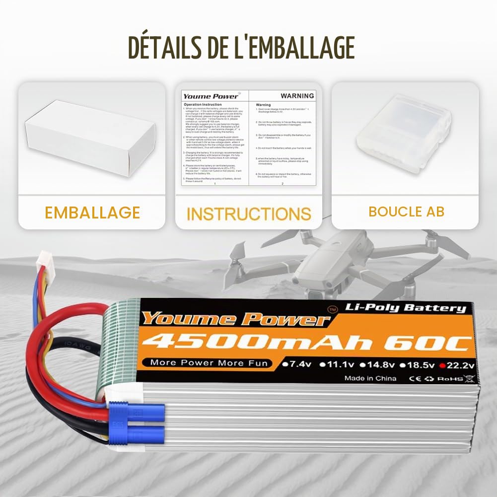 Youme Batterie Lipo 6S, Batterie Lipo 22.2V 4500mAh 60C avec Prise EC5 et XT90 pour Drone de Classe X Racing 70MM 8MM 90MM EDF RC Quadcopter Airplane Helicopter Car Truck Boat Hobby (2 Packs)