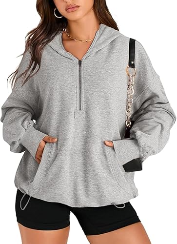 Kenhansion Women's Fashion Oversized Sweatshirts Long Sleeve Drop Shoulder Hoodies Half Zip Pullover Shirts Clothes Outfits (Light Grey,X-Large)
