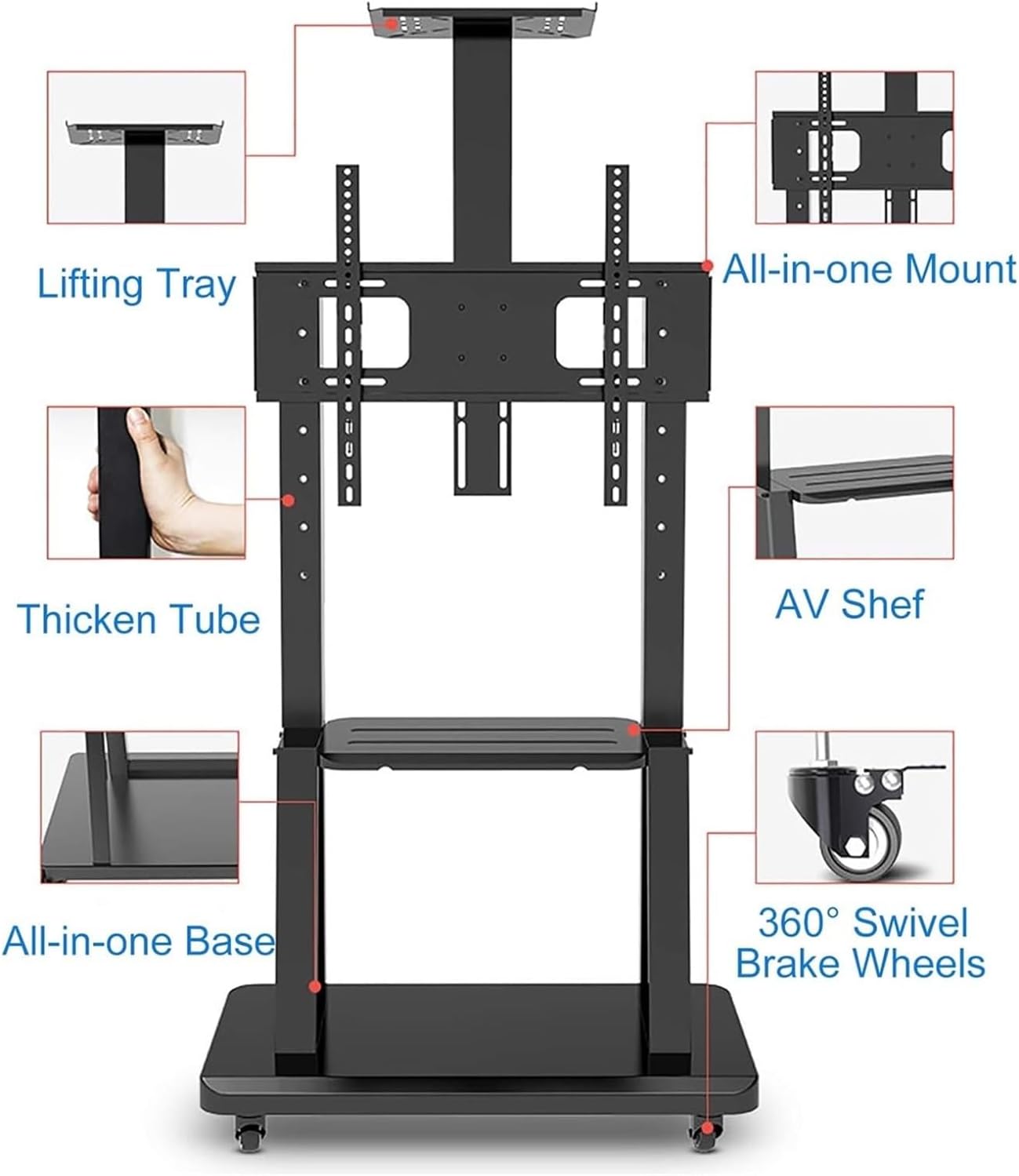 Rolling tv Stand, Mobile TV Stand on Wheels, Black Mobile TV Floor Stand/Cart, Fits 32-75 Inch Tv, Universal TV Display Stand with Wheels & AV Camera Shelf, Load 120kg