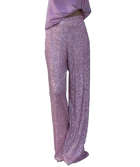 SEMATOMALA Womens Glitter Sequin High Waist Long Loose Palazzo Pants Bling Party Elastic Waist Sparkle Wide Leg Pants