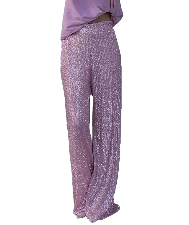 SEMATOMALA Womens Glitter Sequin High Waist Long Loose Palazzo Pants Bling Party Elastic Waist Sparkle Wide Leg Pants