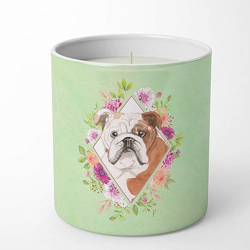 Caroline's Treasures CK4400CDL Bulldog Inglés Flores Verdes 10 oz Vela de soja decorativa Naturaleza Cera de Soja Aceite Esencial Decoración del