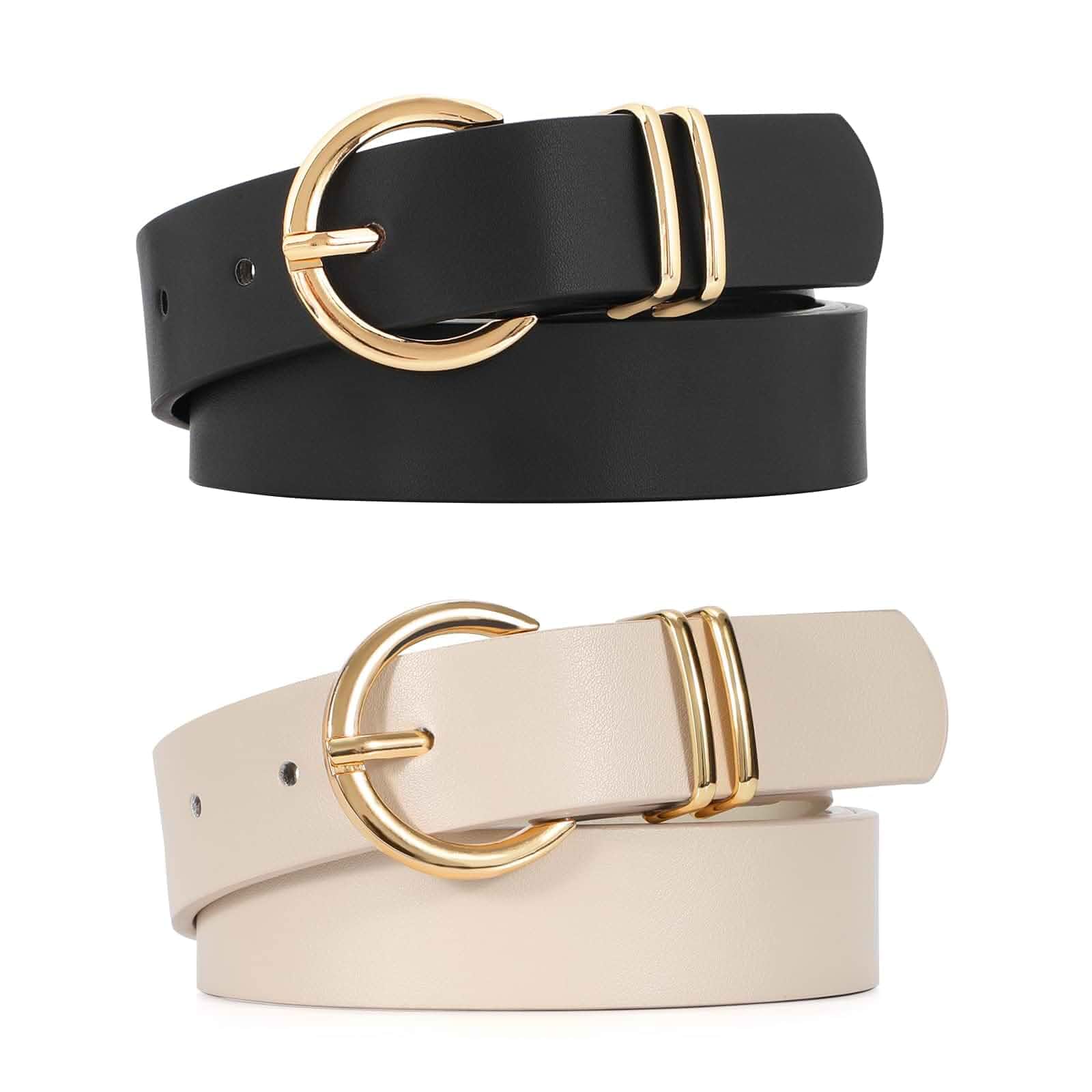 VONMELLI 2 Pack Women's Leather Belts for Jeans Dresses Fashion Gold Buckle Ladies Belt