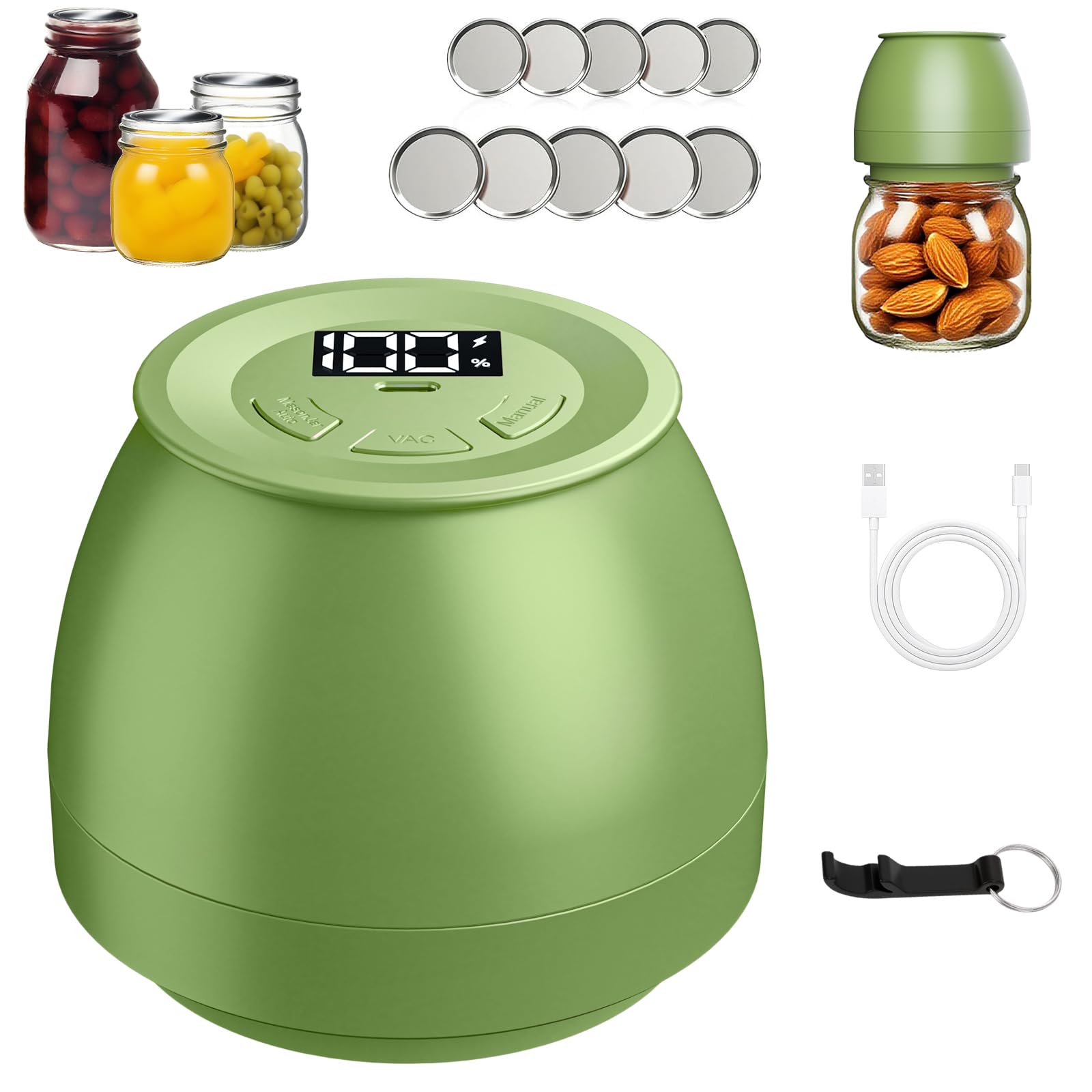 VUEBEE Electric Mason Jar Vacuum Sealer for Regular, Wide Mouth Jars, Green | Auto, VAC, Manual Modes, LED Display, Repeated Sealing Work, Food‑Grade Silicone Seal