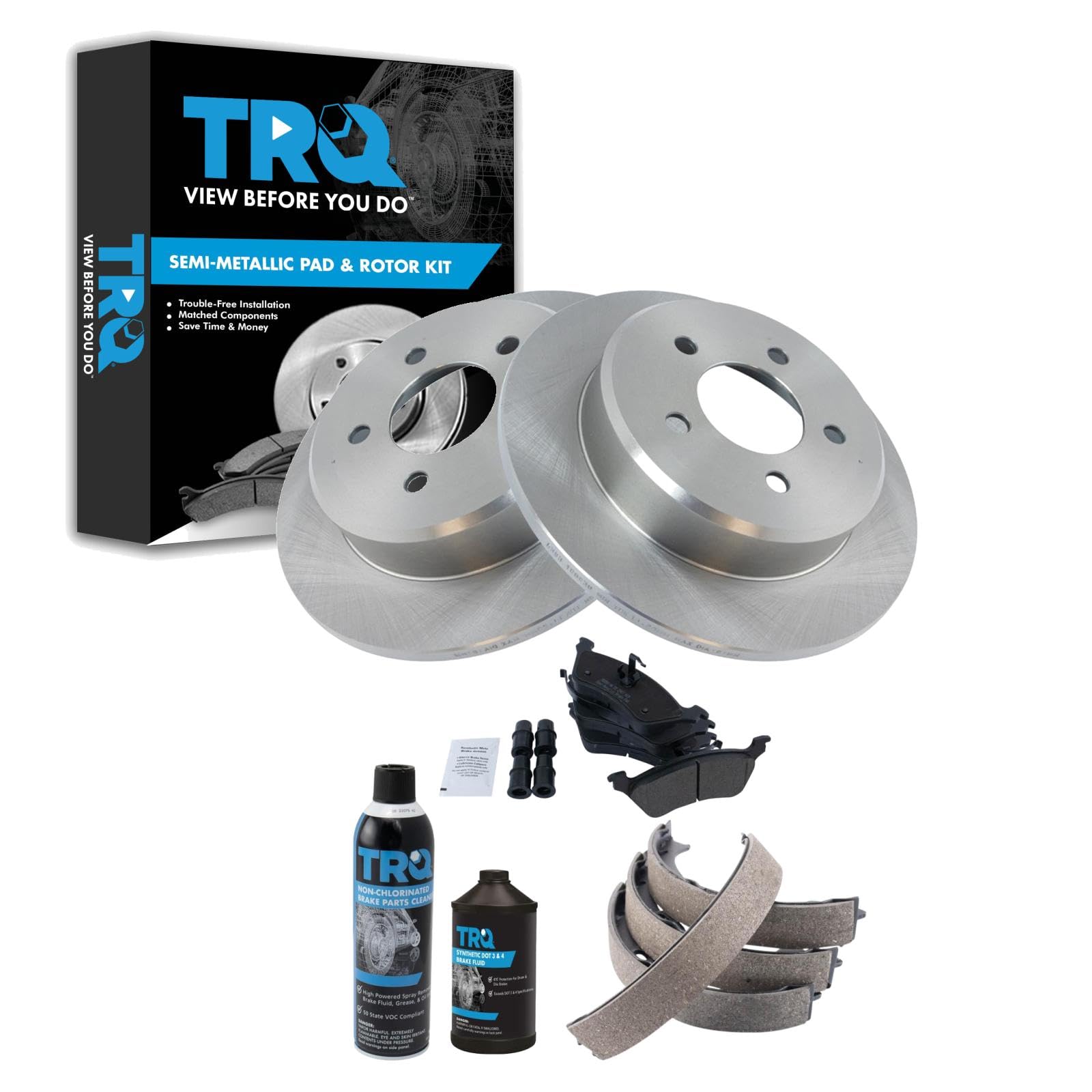 TRQ Rear Brake Pad &amp; Rotor Kit, with Chemical Kit Parking Brake Shoe Set Semi-Metallic Compatible with 2001-2007 Chrysler Town &amp; Country Dodge Caravan Grand Caravan