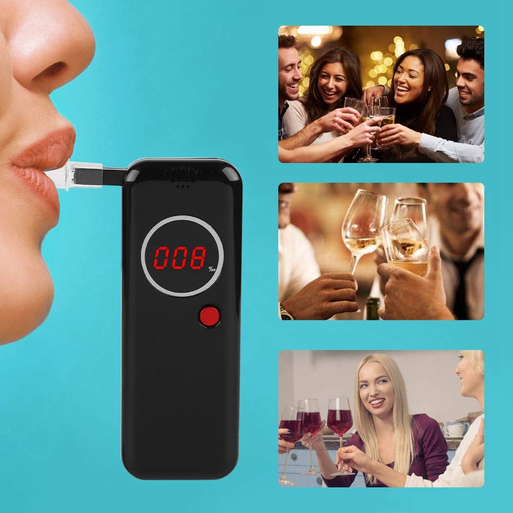 Sonew - Probador de Alcohol, analizador Digital de respiración portátil, Detector de Aliento de Alcohol Profesional con Pantalla LCD roja Digital + boquillas adicionales de 6 Piezas (Negro).