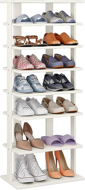 HOME BI Narrow Shoe Rack, Double Rows 7-Tier Wood Shoe Shelf, Vertical Shoe Storage Cabinet, Entryway Shoe Tower, Shoes Organizer Perfect for Narrow Closet, Entryway, Hallway, Bedroom(Large, White)