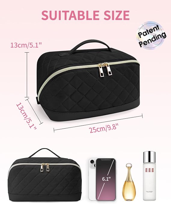 Travel Makeup Bag Quilted Cosmetic Bag for Women with Brush Compartments