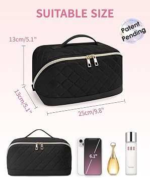 Travel Makeup Bag Quilted Cosmetic Bag for Women with Brush Compartments