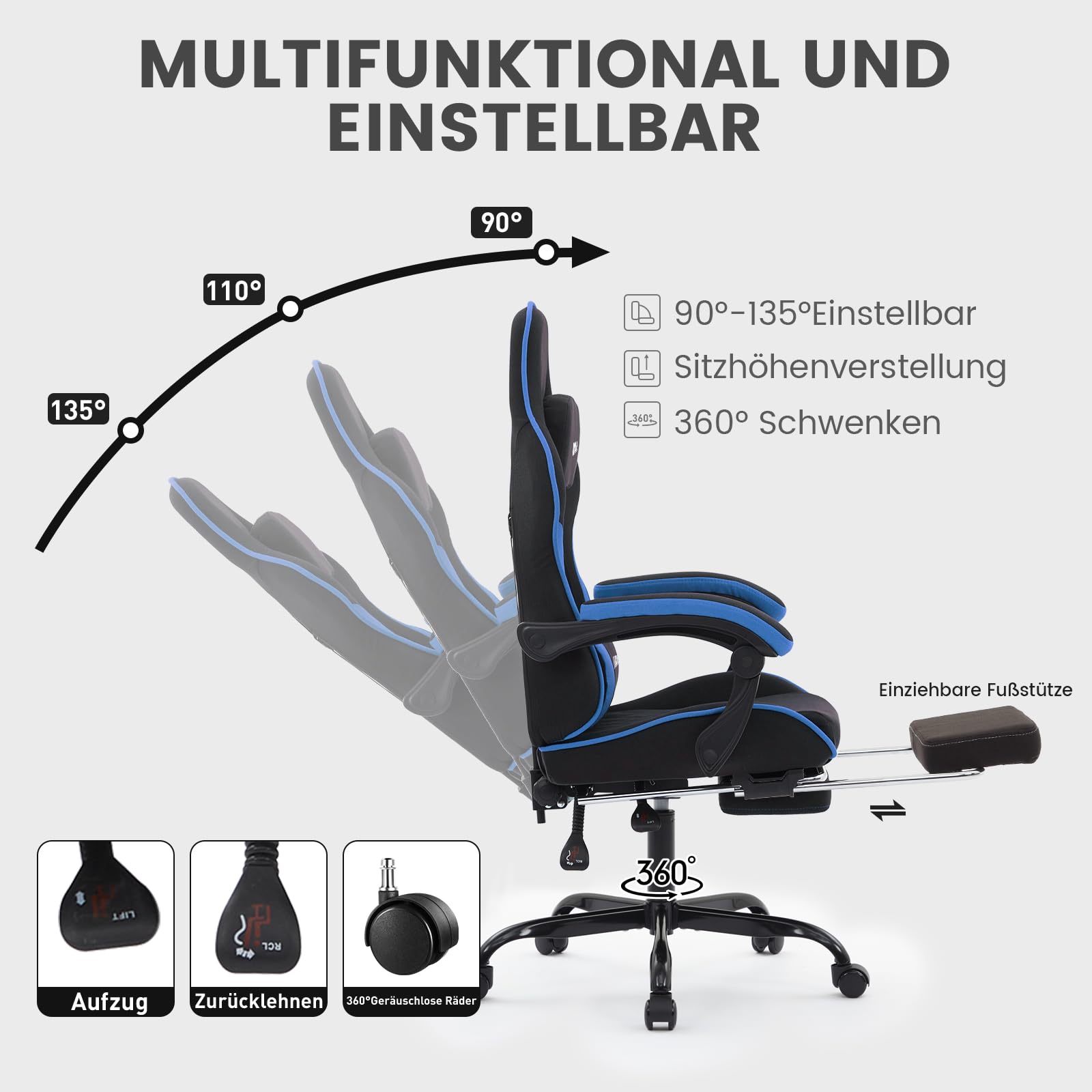 Gaming Stuhl Cyclone mit Fußstütze - Bürostuhl - Racing Gaming Stuhl - Weiß Schwarz - VDD World DE