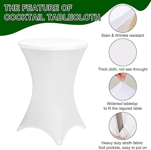 Miniatura 2 de Fixwal Fundas para mesa de cóctel, paquete de 2 manteles redondos blancos de 32 x 43 pulgadas, mantel elástico de elastano para fiestas, bodas,