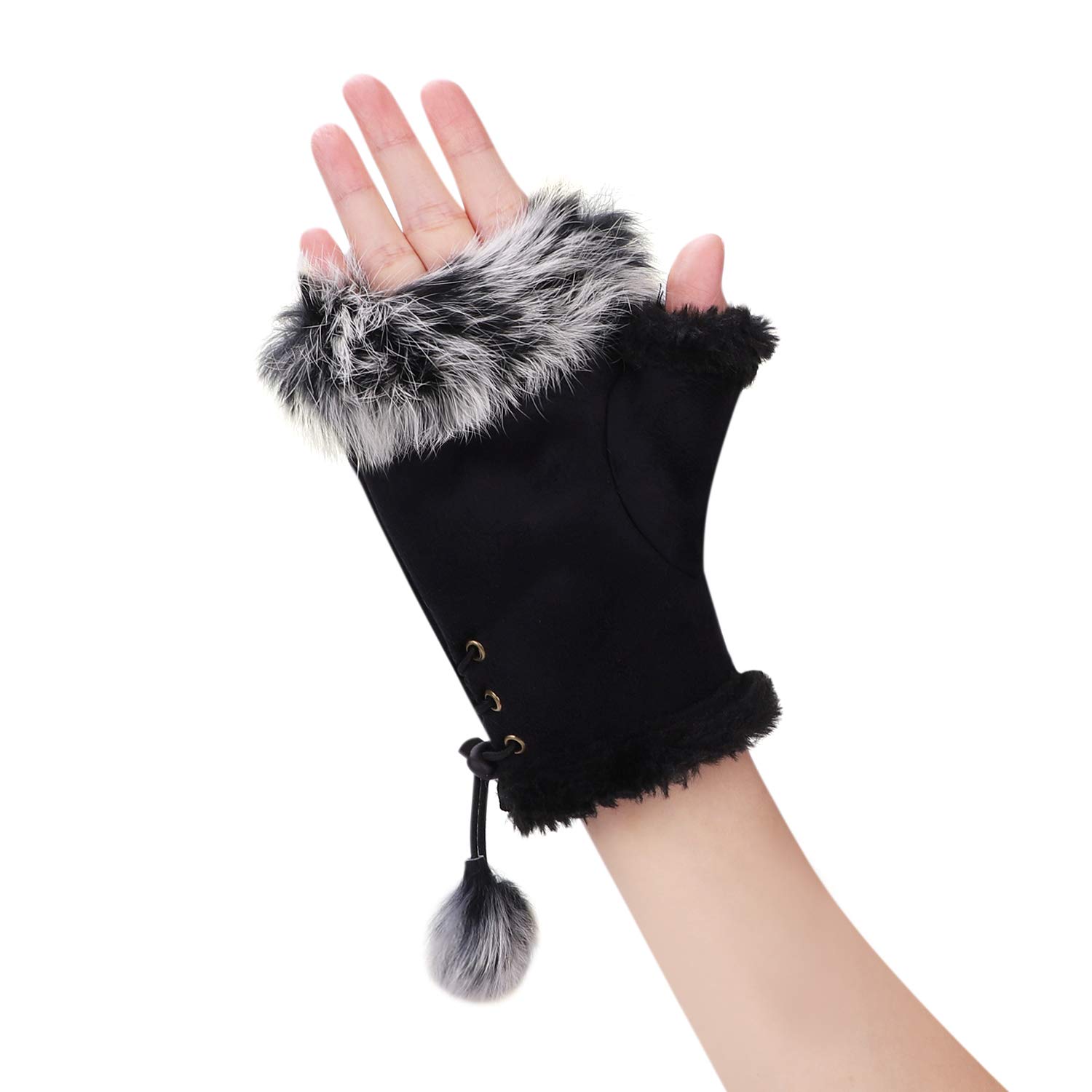 XINCHIAWomen’s Winter Faux Fur Leather Half Finger Gloves Fashion Warm  Fingerless Mittens Fleece Lined Warmer Wrist Gloves Touchscreen Thicken  Mittens